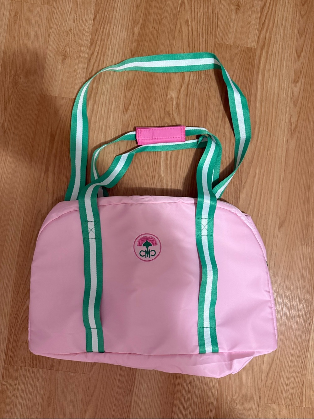 Pink Duffle Bag with Green Stripe Handles